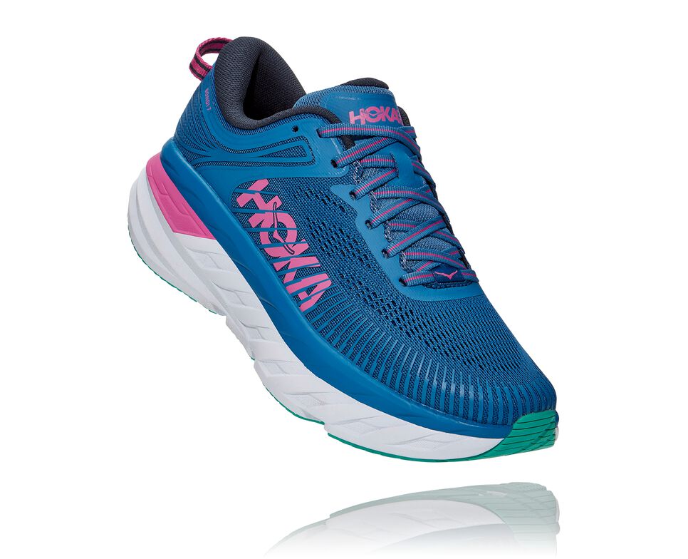 Hoka One One Bondi 7 Women's Road Running Shoes Vallarta Blue / Phlox Pink | JAORT-7932